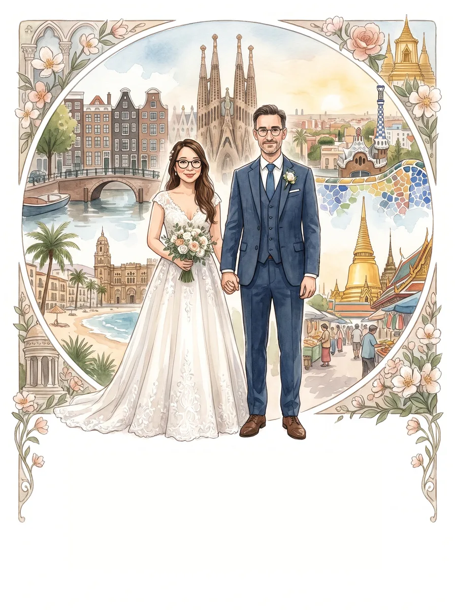 Watercolour illustration of Anna and Marek among the places they have travelled together